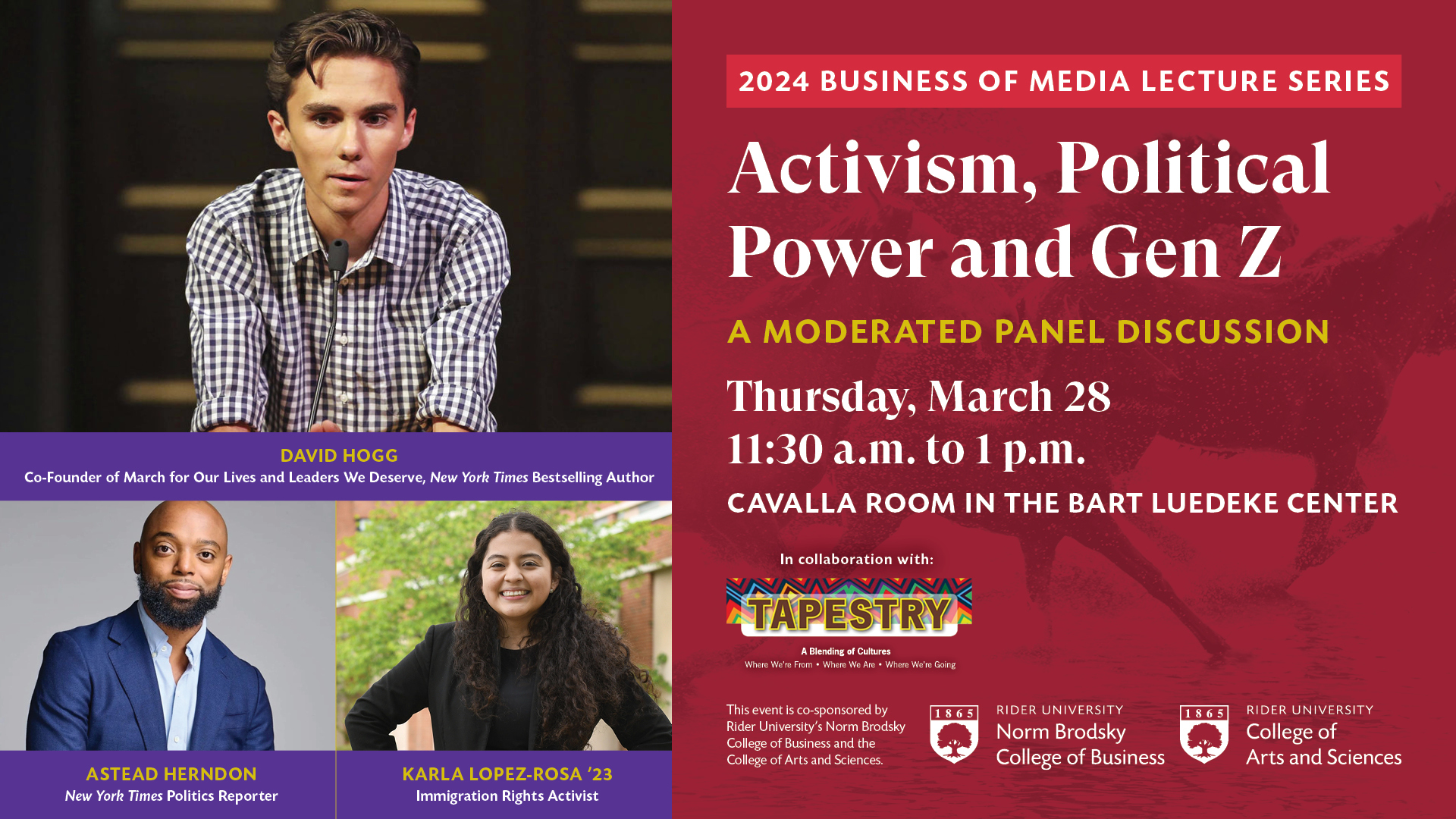 Event graphic: 2024 Business of Media Lecture Series: Activism, Political Power and Gen Z/ A moderated panel discussion