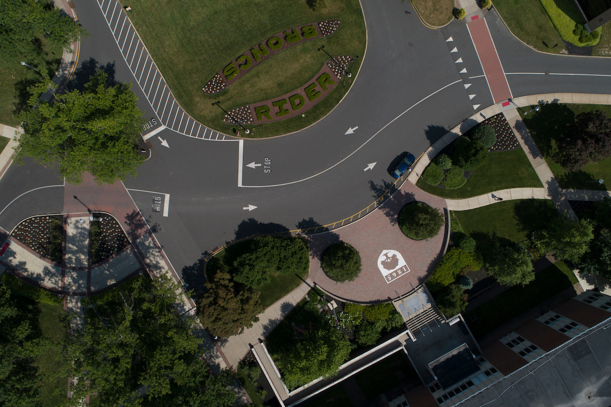 Overhead shot of campus bern and library