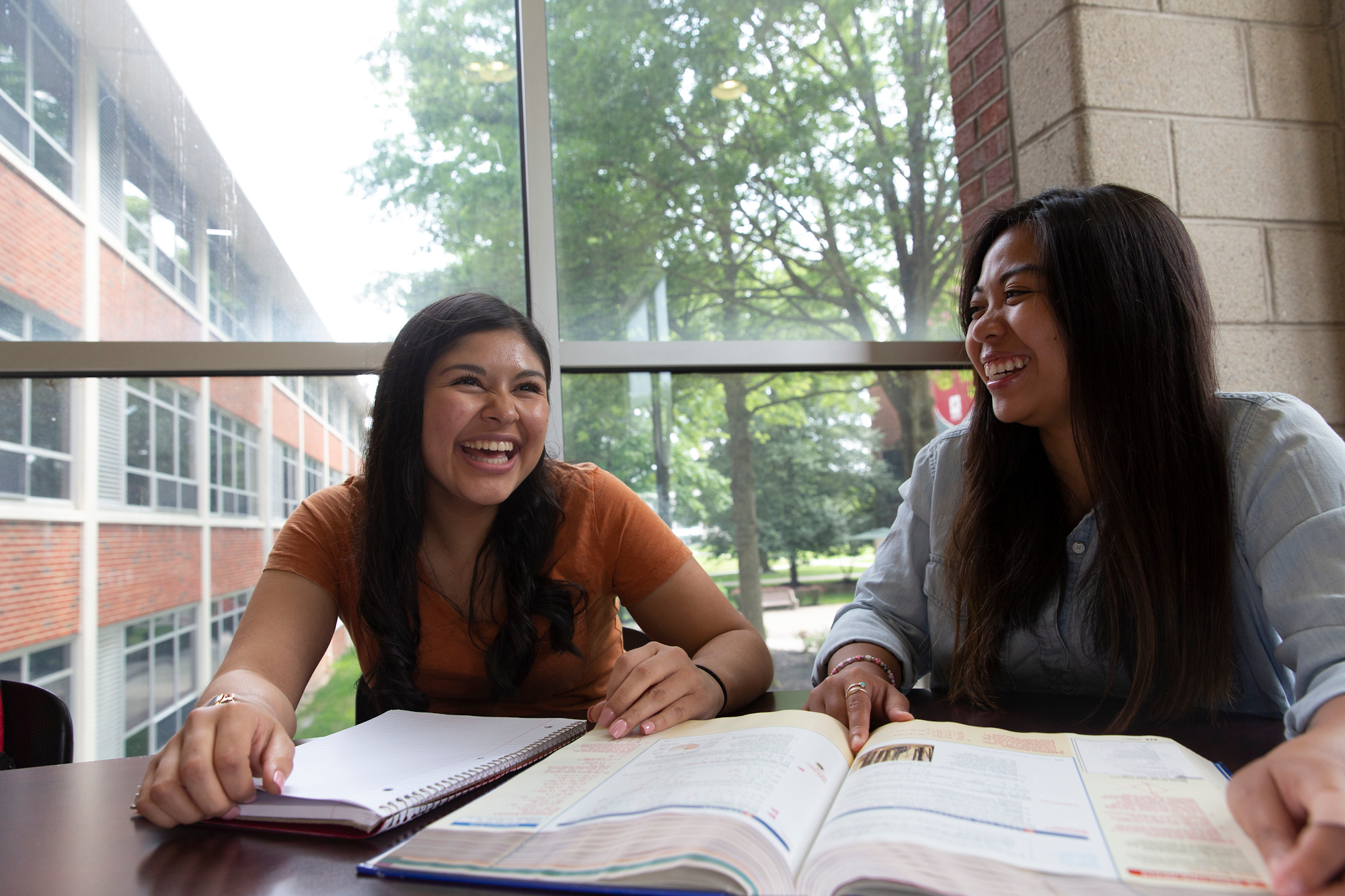 Students laugh together while studying