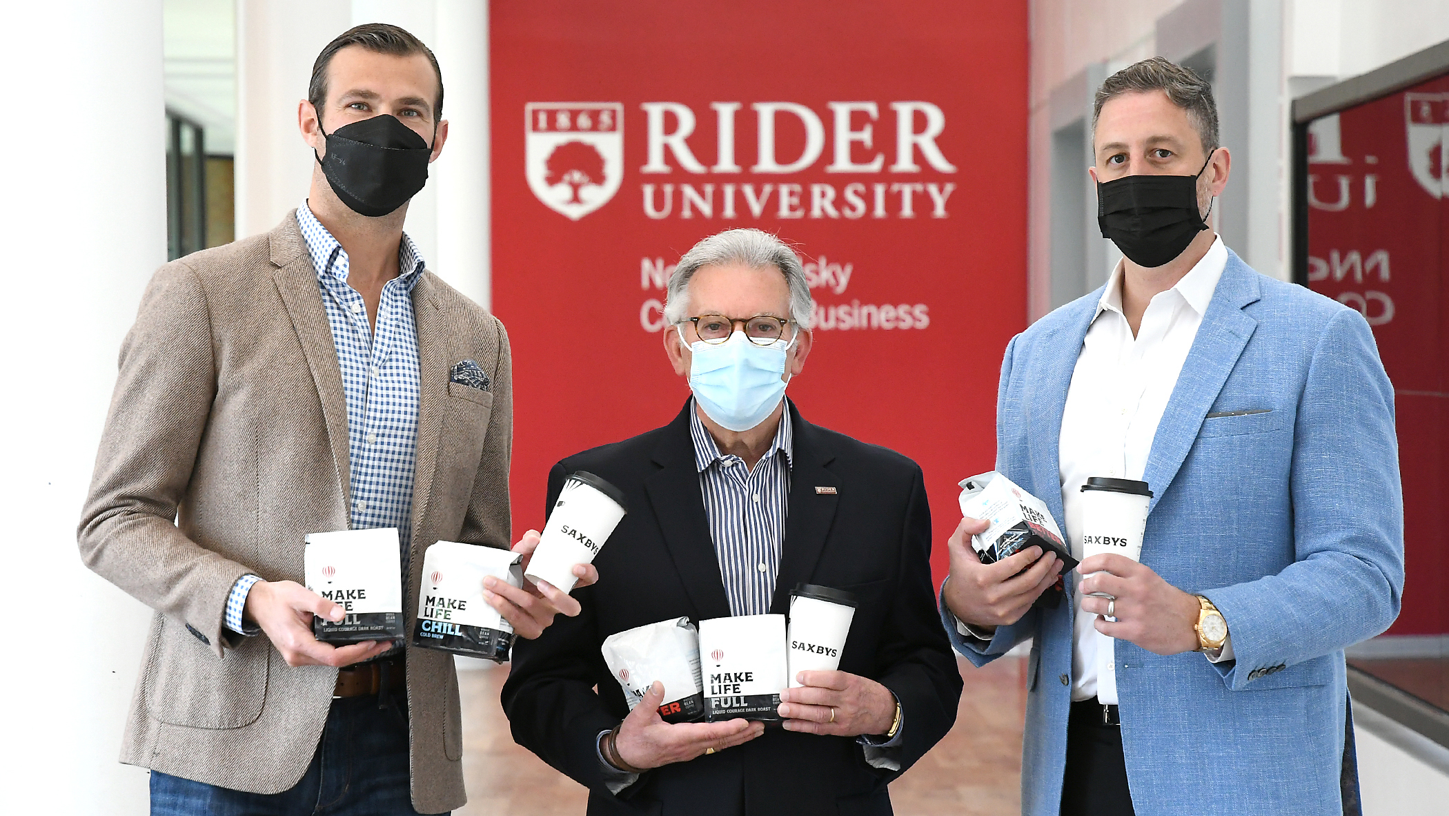 Saxbys Founder/CEO Nick Bayer, Rider President Gregory G. Dell'Omo, Ph.D., and Gourmet Dining Services Executive Vice President Anthony Frungillo 