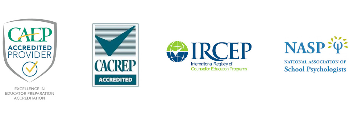 Accredited Logos CAEP, CACREP, IRCEP, NASP