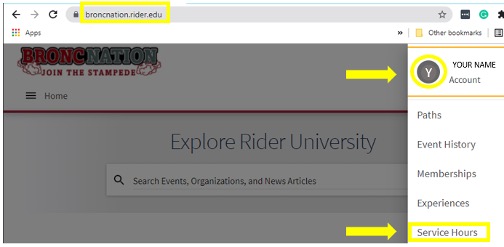 BroncNation homepage with Account Name and Service Hours highlighted