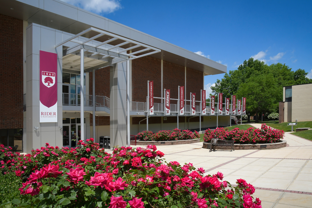 Bart Luedeke Center (BLC) patio in spring