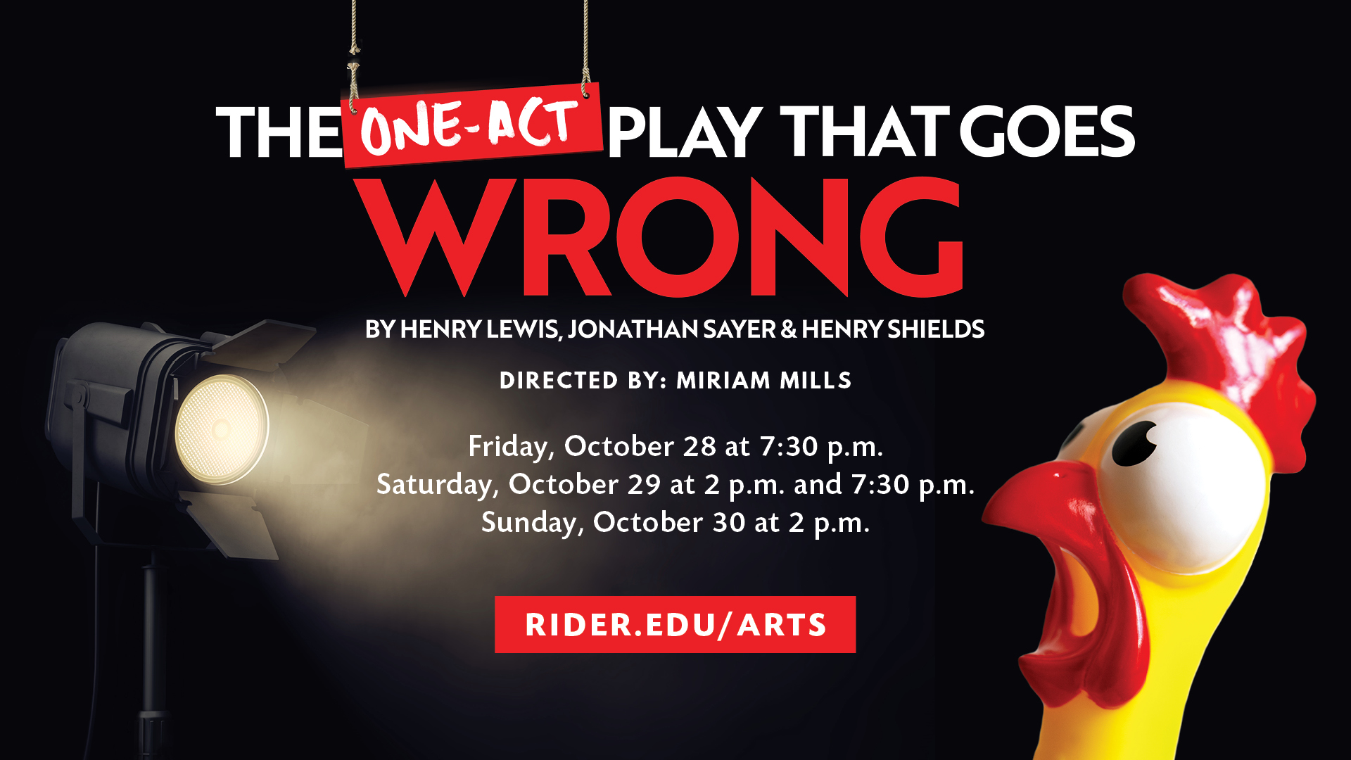 The One-Act Play That Goes Wrong graphic shows a rubber chicken looking surprised under a spotlight. 