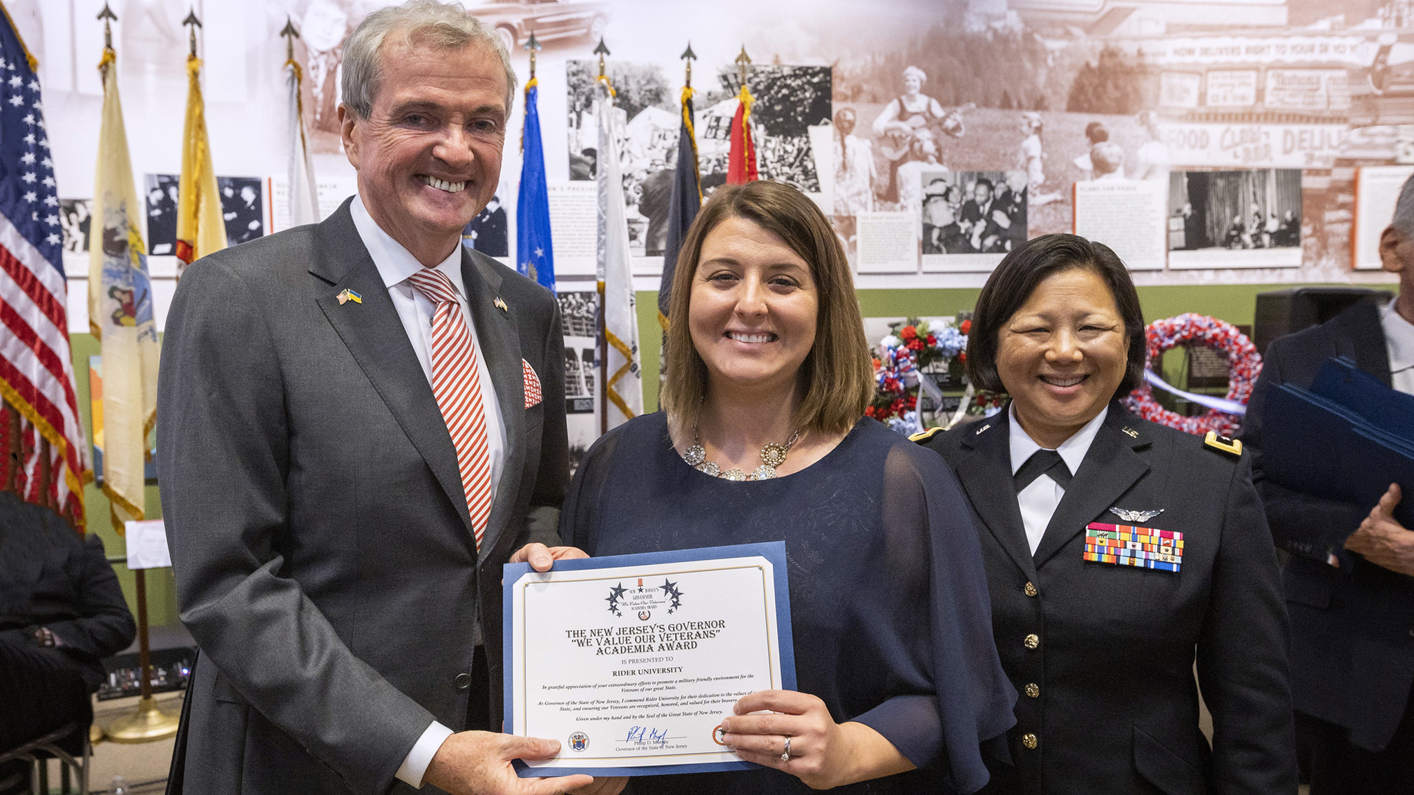 Governor Phil Murphy and Associate Dean of Students Christine Mehlhorn at NJ's Veterans Day Ceremony