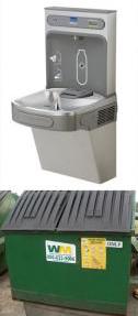 Water bottle filling fountain and recycling trash bin