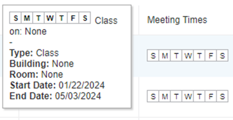 Screenshot of Course meeting times