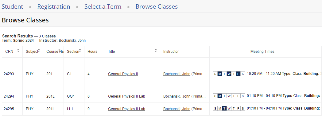 Screenshot of sections taught by single instructor