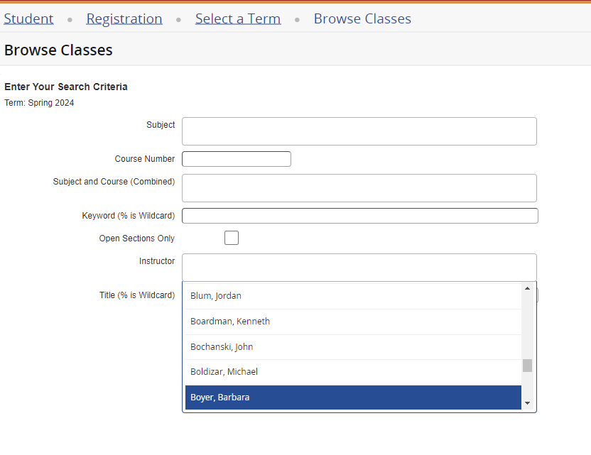 Screenshot of instructor search