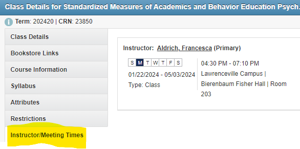 Course section search for Instructors and meeting times