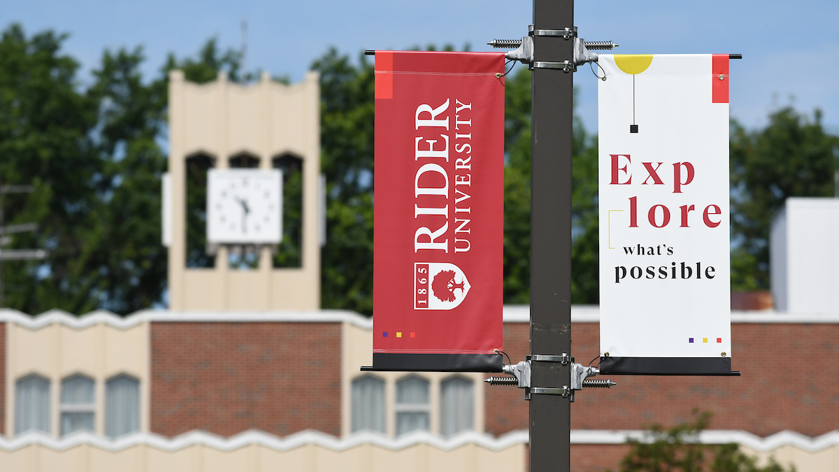 A photo of the clocktower on Rider University's Moore Library 