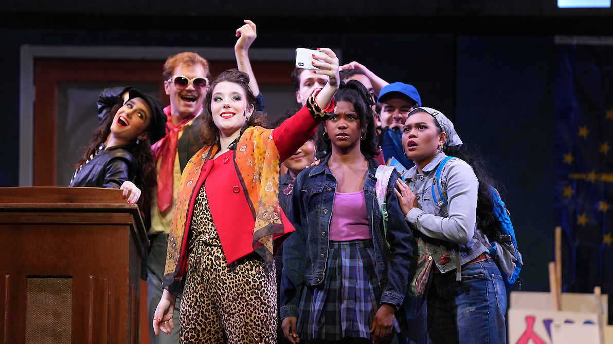 A group of students take a selfie in a scene from Rider's fall performance of The Prom