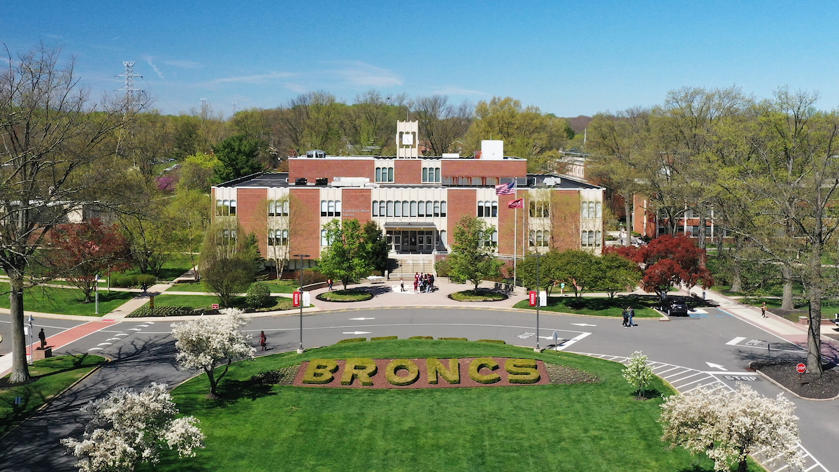 Aerial view of the campus mall and Moore Library