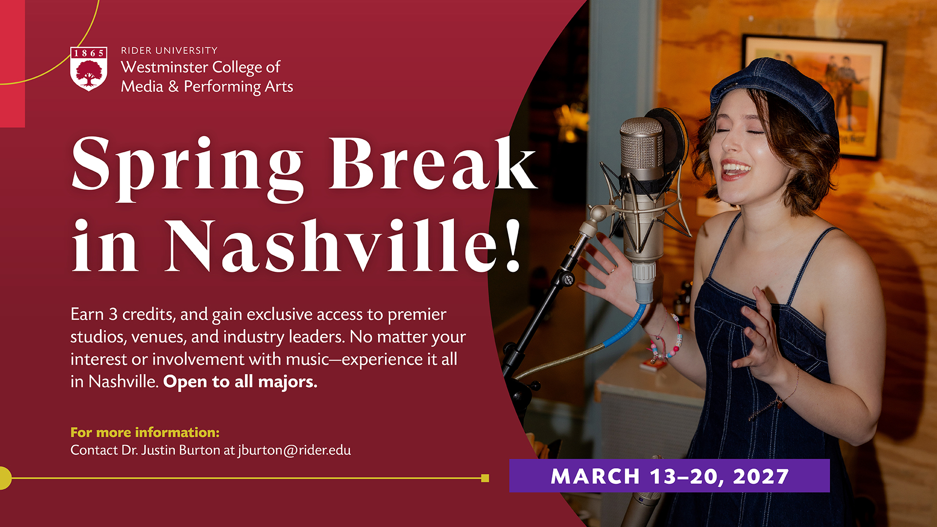 Spring Break in Nashville! Earn 3 credits, and gain exclusive access to premier studios, venues and industry leaders. No matter your interest or involvement with music—experience it all in Nashville. Open to all majors.