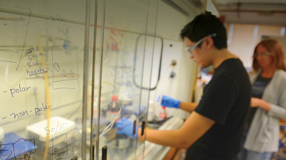 Student and faculty in a lab at Rider.