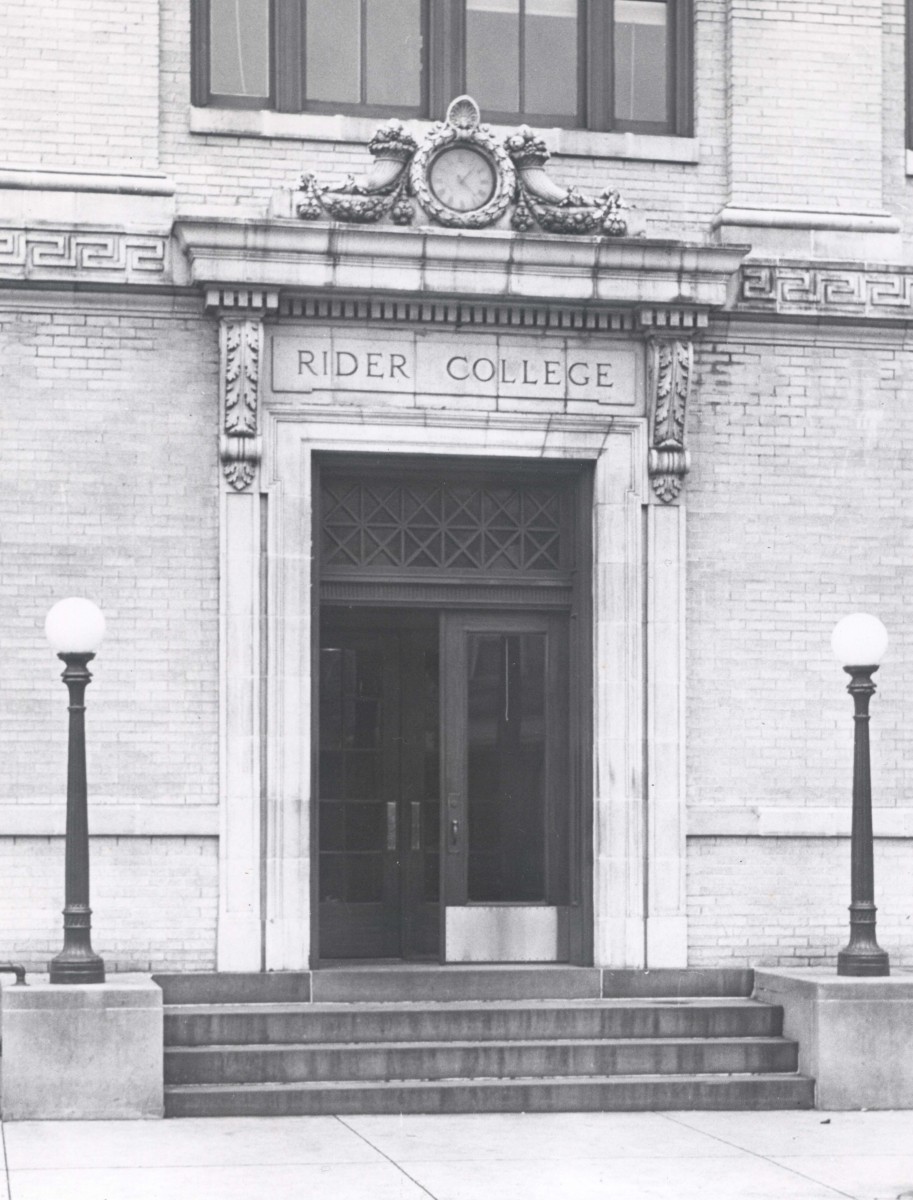 Main entrance to Rider College's first  building.