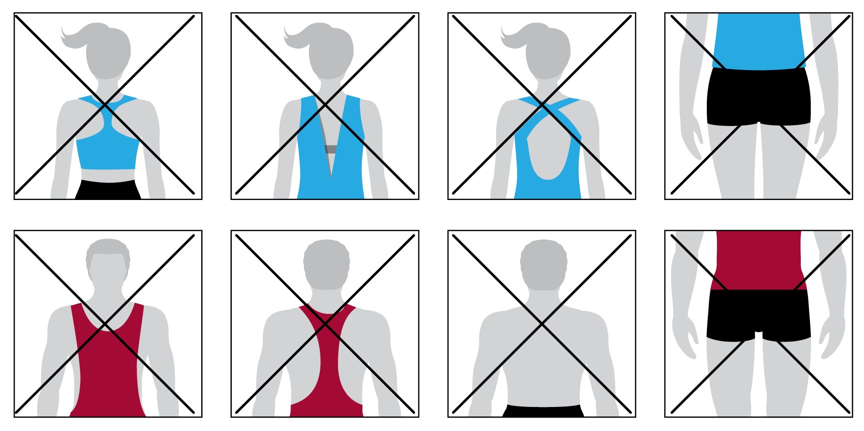 Diagram showing what not to wear as noted in the list below 