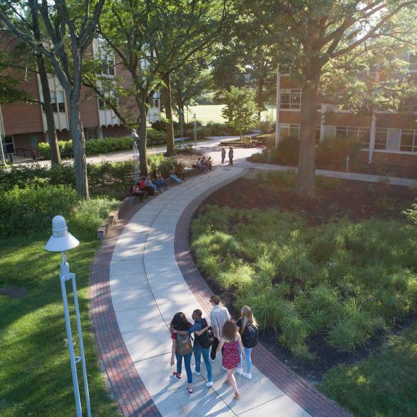 Aerial view of students walking on path