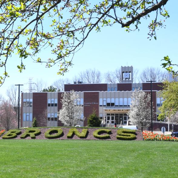 View of campus mall and Moore Library