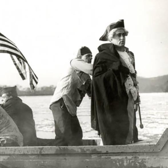 The Rider College Chapter of the Phi Sigma Nu fraternity's Jan 23, 1947, reenactment of George Washington's crossing of the Delaware River.