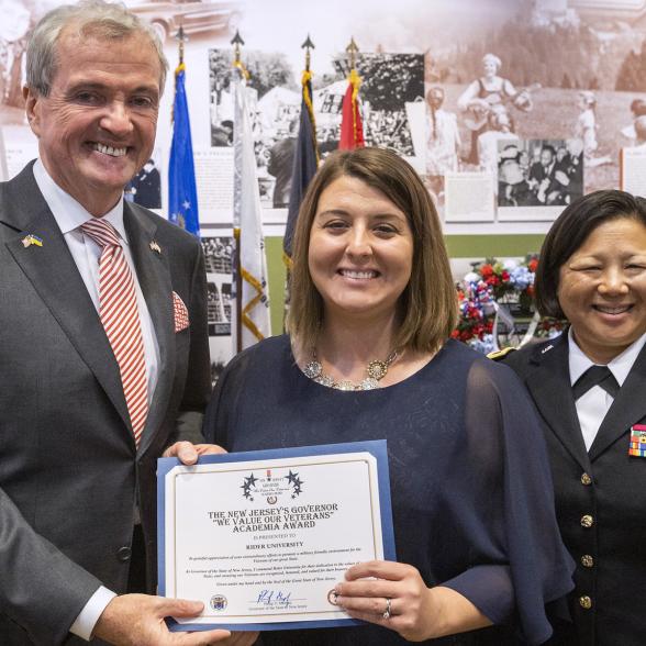 Governor Phil Murphy and Associate Dean of Students Christine Mehlhorn at NJ's Veterans Day Ceremony