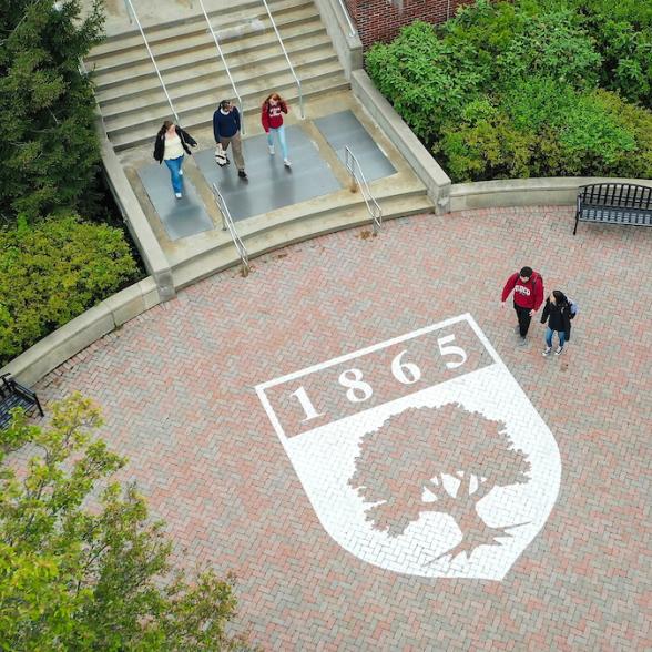 Students walking by library
