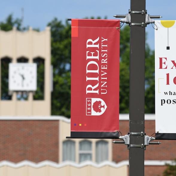 A photo of the clocktower on Rider University's Moore Library 