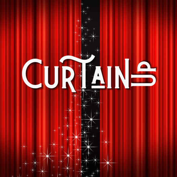 Text: Curtain Up overlayed on a red, partially open theatre curtain with sparkles. 