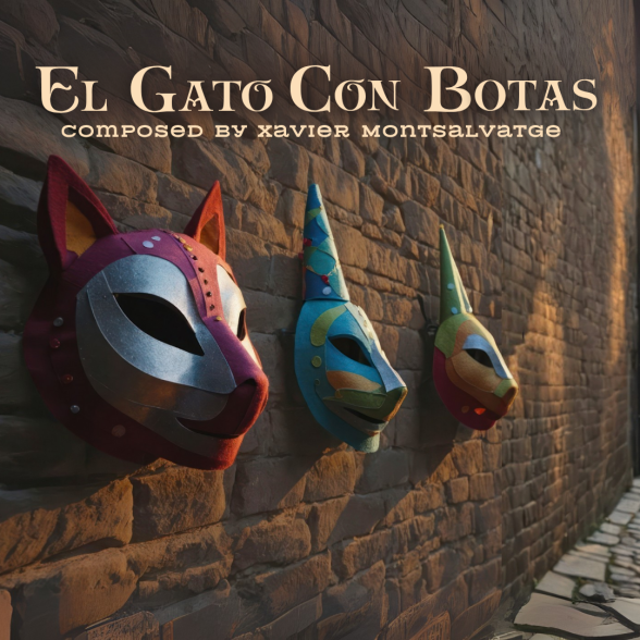 Text: El Gato Con Botas composed by Xavier Montsalvatge overlayed on a image of a brick wall lined with traditional fox masks
