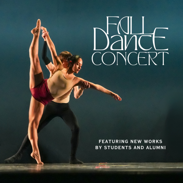 Text: Fall Dance Concert overlayed on a photo a two dancers doing partner work.