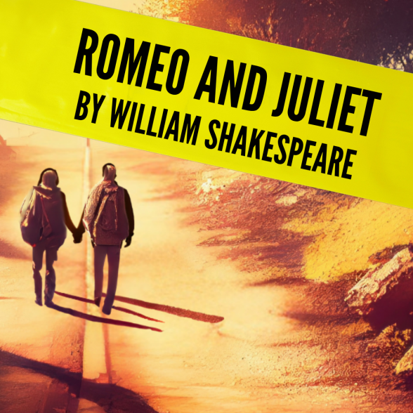 Text: Romeo and Juliet by William Shakespeare overlayed on a photo of two people holding hands and walking in the sunset