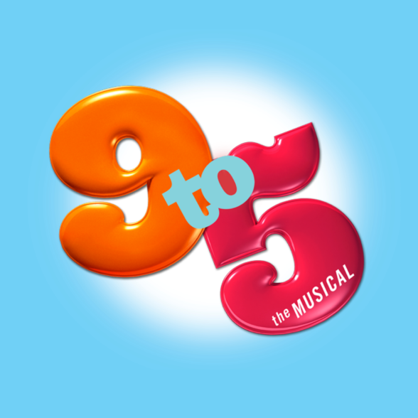 9 to 5 The Musical Logo overlayed on a blue background with a white circle in the center,