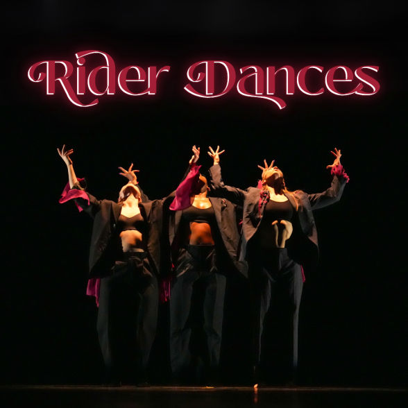 Text: Rider Dances overlayed on a photo of three dancers with their arms raised