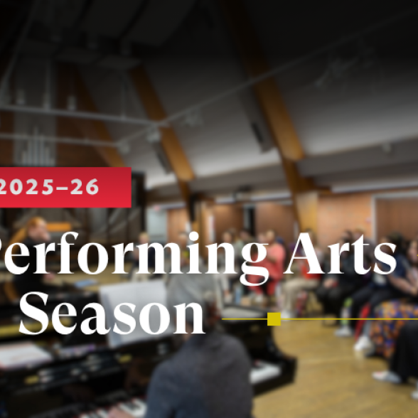 Text 2025-26 Performing Arts Season overlayed on blurred choral rehearsal photo.