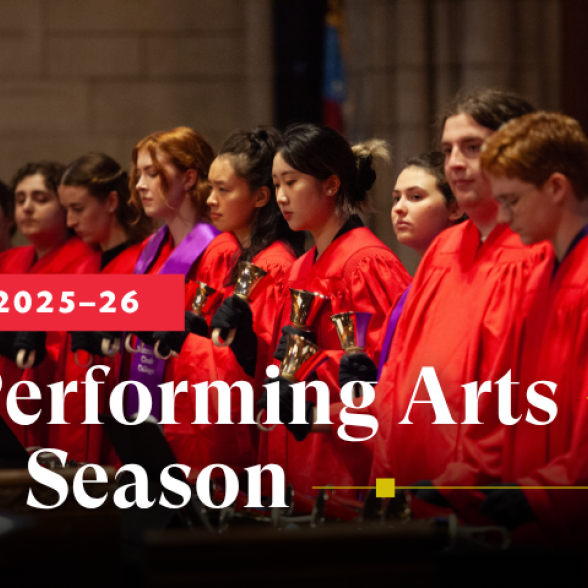 Text: 2025-26 Performing Arts Season overlayed on an image of the Westminster Concert Bell Choir