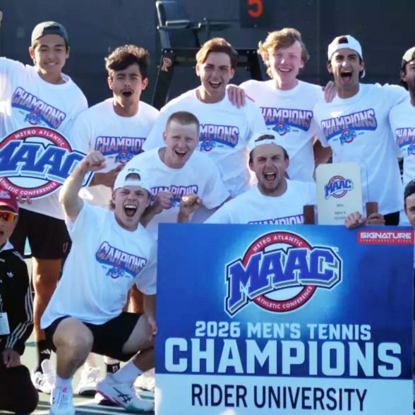 Rider University Tennis Team poses with MAAC Championship poster. The players are celebrating and cheering the win.