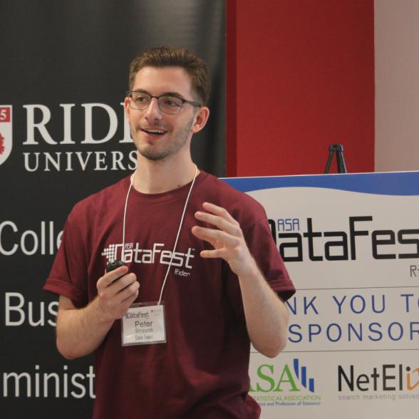 Rider student speaks during DataFest