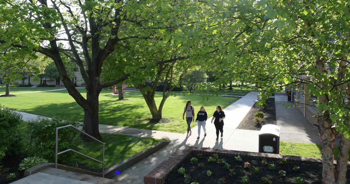 Students walk near recycling bins on campus