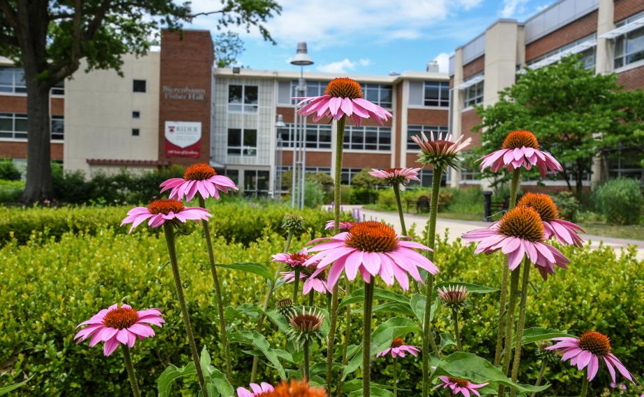 Education building with flowers in front of it.