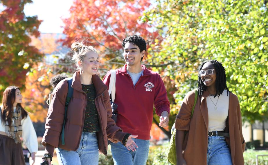 Students walking campus in the fall