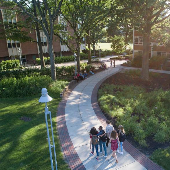 Aerial view of students walking on path