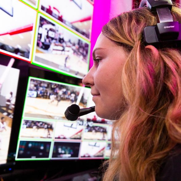 Communications female student in a headset