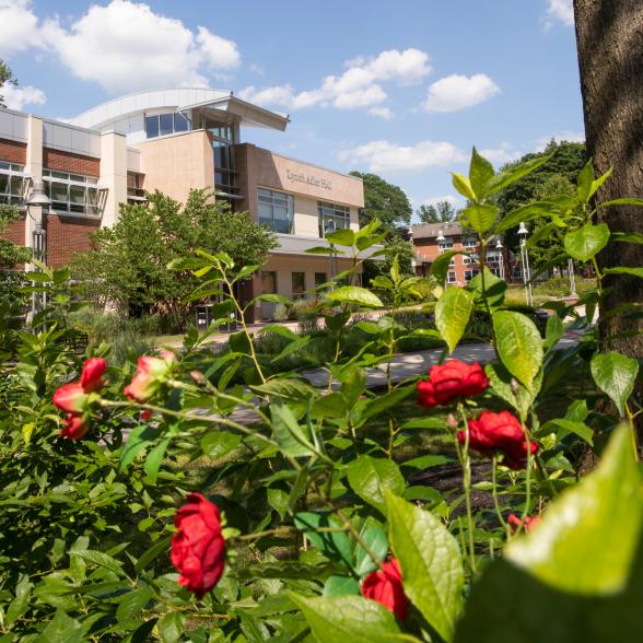 Lynch Adler Hall with flowers in foreground