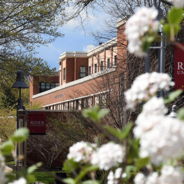 Rider campus building in spring