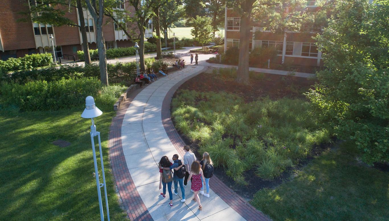 Aerial view of students walking on path