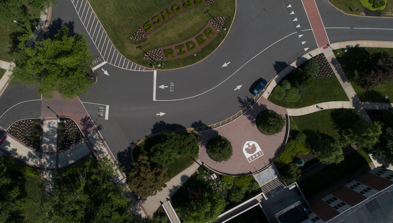 Overhead shot of campus bern and library