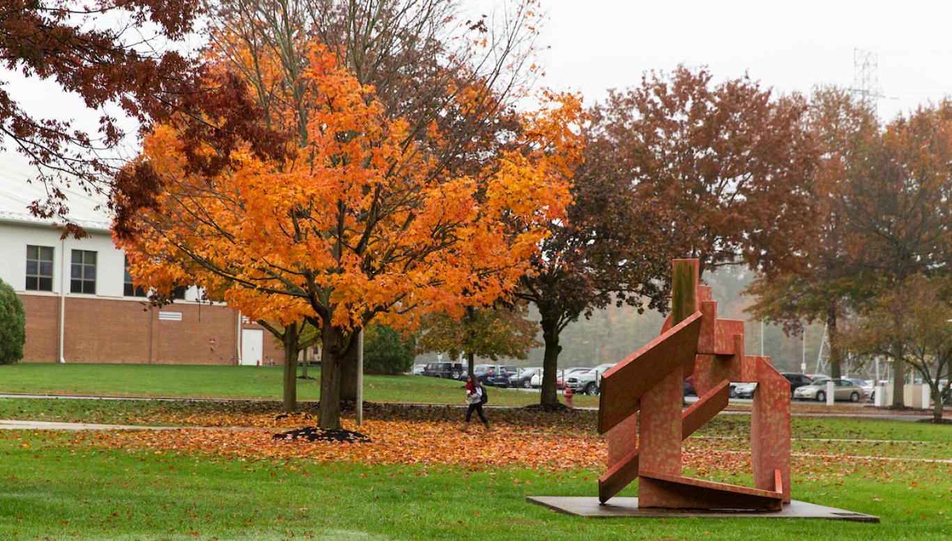 Student walks across campus in the fall.