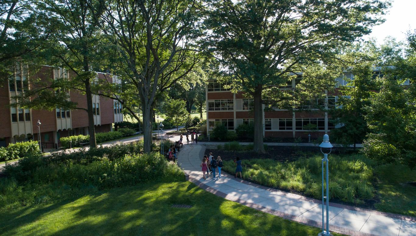 Students walk through academic quad