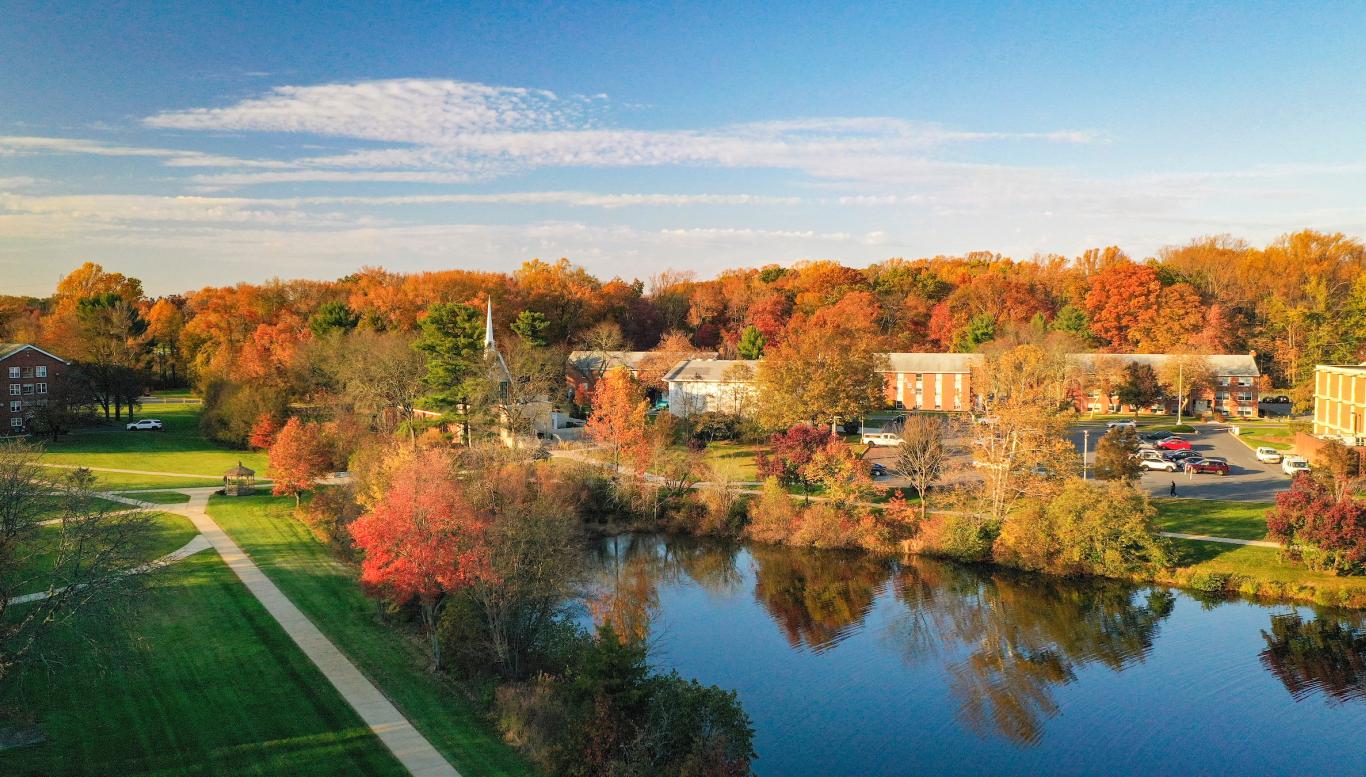Aerial view of campus in the autumn