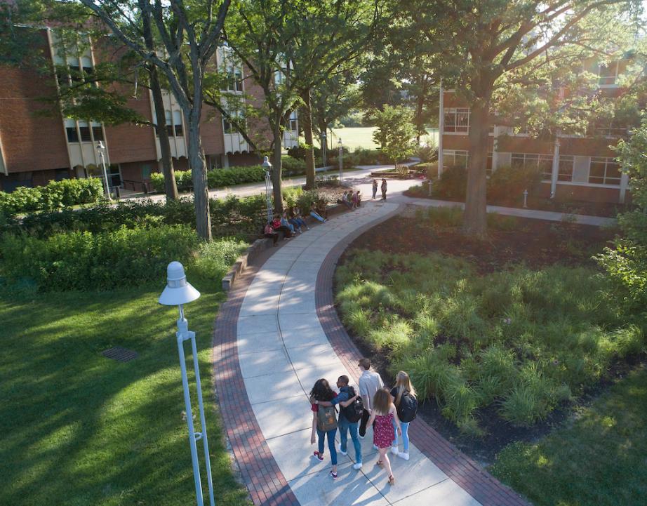 Aerial view of students walking on path